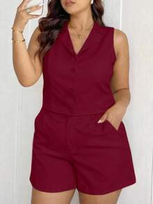 MICHLEE Women's Plus Size Set With Sleeveless Vest And Tailored Shorts - 酒1 - 查看 3