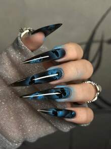 24PCS Long Stiletto False Nails, Blue Black Butterfly Design Press On Nails, Glossy Full Cover Artificial Nails, Removable Nail Art For Daily & Party - Black - View 8