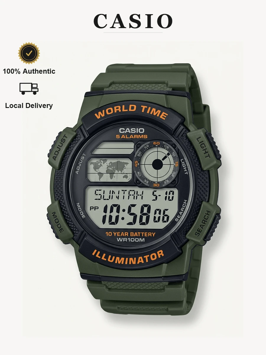 Casio Authentic AE-1000W Series Men's Digital Sport Watch Green/Black AE-1000W-3AVDF | 100M Water Resistant 5 Multi-Function Alarms 1/100 Sec Stopwatch Countdown - Authentic Watch For Him - Spring Present - Black - View 1