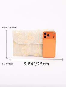Túi xách cầm tay nữ màu be họa tiết hoa đính sequin 3D, túi đeo vai dự tiệc. - Vàng - Xem 4