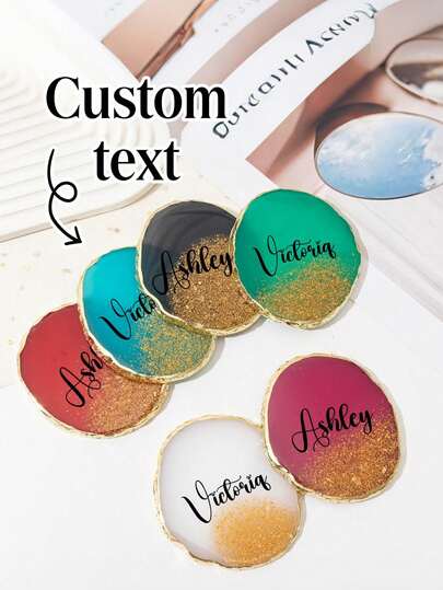 Personalized Resin Irregular Coaster With Golden Trim, Nail Art Pad, Customizable Text/Name, Golden-Edged Wedding Favor, Jewelry-Colored Plate For Bridesmaids, Decorative Plate, Suitable For Wedding Banquets, Holiday Events, And Restaurants