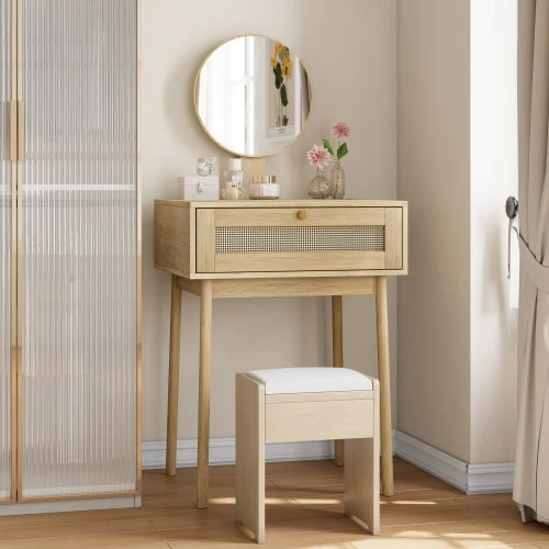A Rattan Dressing Table With Mirror, A Compact Dressing Table For The Bedroom And A Cute Dressing Table Suitable For Small Rooms (Without Chairs) - 卡其色 - 查看 1