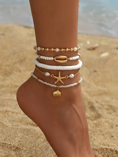5件套沙滩海洋风海星贝壳仿珍珠脚链，时尚多件套脚部配饰，适合海滩度假穿着