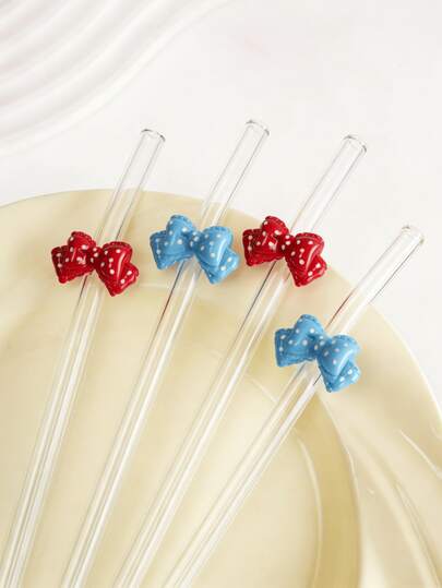 1pc Reusable Bent Glass Transparent Straw With Cute Bow Tie, Suitable For Water, Juice, Coffee, Cocktail, Milkshake, Ideal Kitchen Accessory For Cafes, Bars, Parties, Also A Perfect Gift For Women & Men On Birthday, Christmas, Valentine's Day