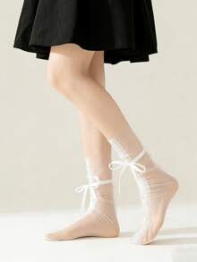 1 đôi tất lưới mỏng bằng lụa thủy tinh màu trắng/đen với nơ ren, thích hợp cho mùa xuân/hè. - Nhiều màu - Xem 9