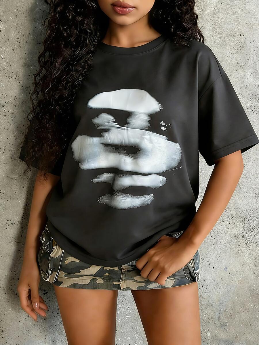 Tween Girl Cotten Clothes,Y2K-Inspired Letter Print T-Shir-Perfect For Spring/Summer/Fall,Fashion, Streetwear, Unisex, Men, Women - Dark Grey - View 1