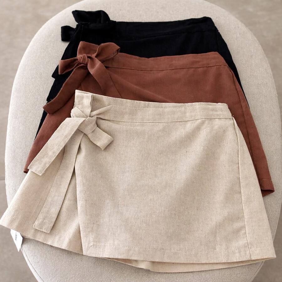 Premium Tailored Short Skirt / High Waist With Side Tie - Beige - View 1