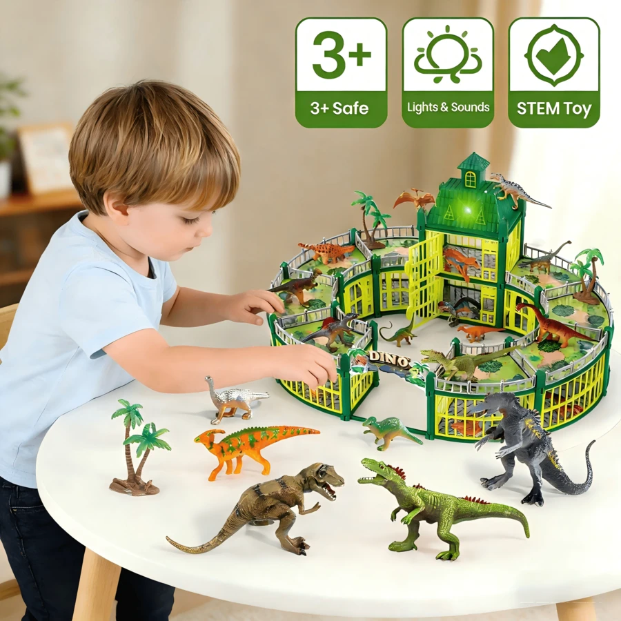 215PCS Dinosaur Park Playset With Lights & Sounds, 3+ DIY Dino Dollhouse Fort, 18 Realistic Dinosaur Figures, STEM Educational Toy, Birthday Gift For Kids Boys Girls - 215PCS - 查看 1