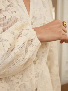 Women's Vintage Elegant Long Sleeve Blouse, Hollow Embroidery Design, Fashionable Casual, Suitable For Spring & Summer Daily Wear - Apricot - View 11