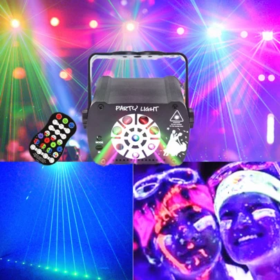 Đèn trang trí tiệc DJ, đèn disco 3 trong 1, đèn sân khấu hiệu ứng laser UV, đèn nhấp nháy RGB điều khiển bằng giọng nói kèm điều khiển từ xa, thích hợp sử dụng trong nhà, dịp lễ, sinh nhật, gia đình, tiệc karaoke, quán bar, KTV, vũ trường, đám cưới, lễ hội, tiệc tùng.
