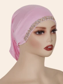 1件装女士时尚莫代尔面料精致水钻日常便捷头巾，马来西亚 - 絲光棉鑽帽多色 - 查看 23