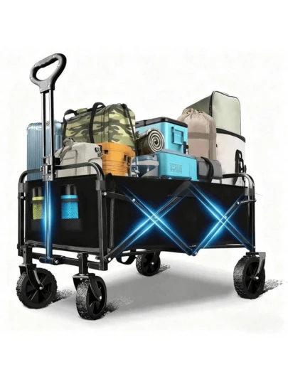 INBRAVE Collapsible Foldable Wagon Cart With All-Terrain Wheels, Heavy Duty Utility Cart For Camping, Beach, RV, Picnic & Outdoor Use – Black