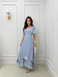 Women's Long Dress With Short Sleeves, Defined Waist, Print, And Elegant Casual Style. - 藍灰色 4 - 查看 6