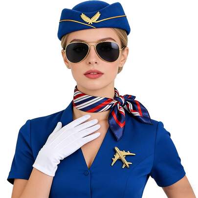 程序员帽围巾套装，女士制服帽配围巾和手套，适合航空公司机组人员、高铁乘务员、酒店前台接待员，也适合女士化妆派对、角色扮演，专业优雅。