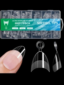 600PCS/Box Soft Gel Nail Tips, Ultra Short Clear False Nails, Full Cover Acrylic Nail Tips, Almond/Coffin/Square/Curved French Shape, Press On Nail Extensions For DIY Manicure Nail Art - Clear - View 8