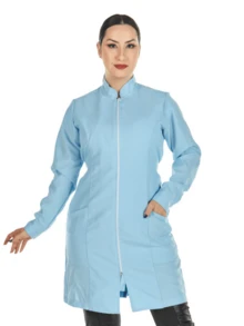 Women's Fitted Oxford Lab Coat With Zipper, Long Sleeves, And Mandarin Collar - Blue - View 1