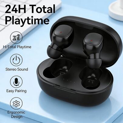 真无线耳机 - 兼容苹果和安卓设备，内置麦克风，防汗，续航长达 24 小时 - 白色