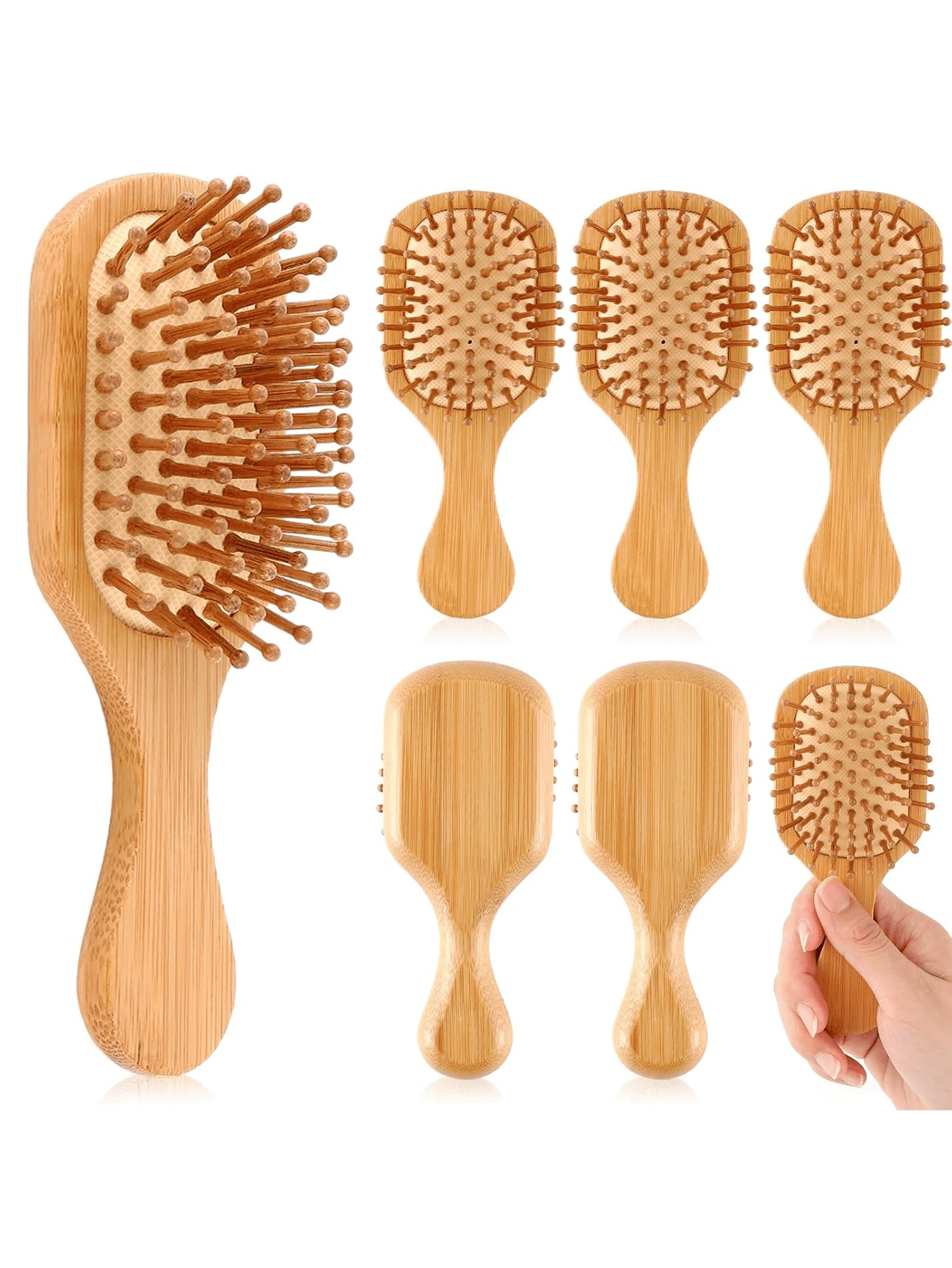 6 Pack Mini Bamboo Hair Brush Bulk Wooden Travel Small Hairbrush Scalp Massage Detangling Pocket Brush For Wedding Guest Gifts Bridal Shower Bridesmaid Proposal Favors - 6小方形 - 查看 1