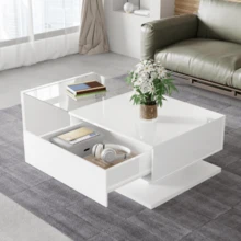 High-Tech Flair Coffee Table / Modern High-Gloss Coffee Table / Living Room Table / Glass Top, With Drawer / Suitable For Living Rooms And Office Areas - White - View 3