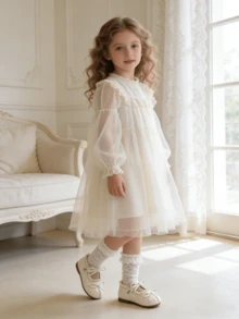 1双女童浅米色亮面PU底玛丽珍鞋，圆头设计，蕾丝鞋口，双蝴蝶结绑带，平底，温柔公主风，适合日常穿着、上学、生日派对等场合，2026年春夏款 - 米色 - 查看 4