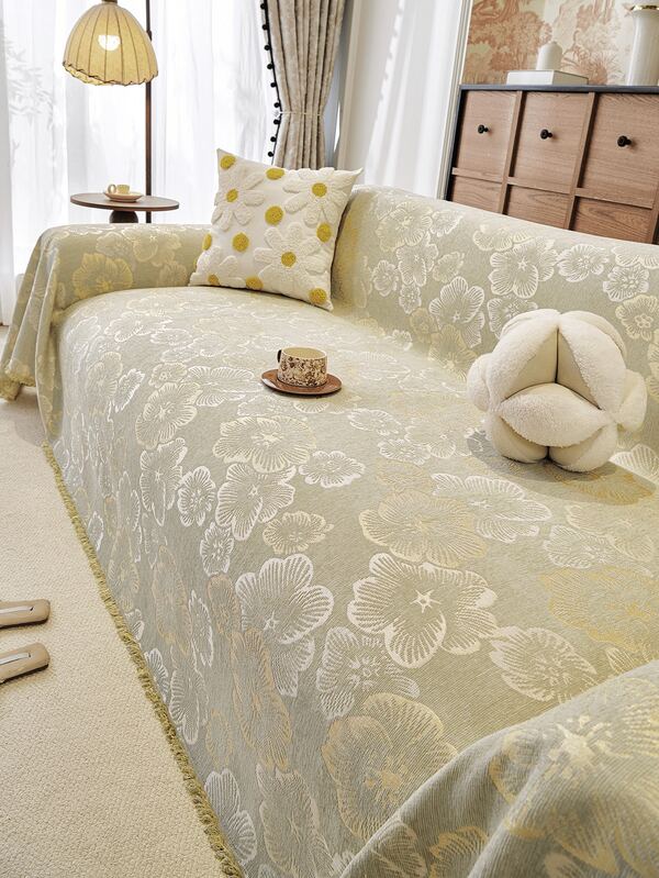 1件法式田园风花卉雪尼尔沙发套，带流苏，复古粉彩花卉印花沙发毯，防滑四季通用，宠物友好，可机洗，适用于客厅家居装饰