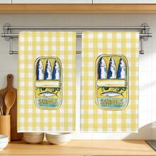 2 piezas Toallas de cocina con estampado de lata de sardinas a cuadros amarillos de verano, de material de poliéster suave, adecuadas para la decoración de la cocina, limpieza, decoración de fiestas, artículos esenciales de cocina y baño, decoración del hogar, regalo de inauguración de la casa - Multicolor - Ver 2