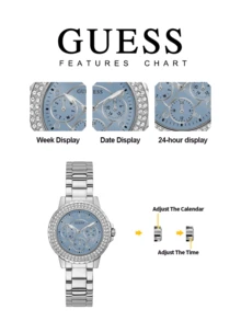 Guess Đồng hồ nữ với viền đính kim cương toàn bộ và mặt số màu xanh băng trong suốt, thiết kế chronograph ba kim kết hợp giữa tính thẩm mỹ và chức năng. Dây đeo bằng thép không gỉ được đánh bóng mang lại cảm giác nhẹ nhàng và sang trọng. Chiếc đồng hồ đeo tay thời trang dành cho nữ này được trang bị bộ máy chính xác để đảm bảo độ chính xác giờ giấc. - Bạc - Xem 5
