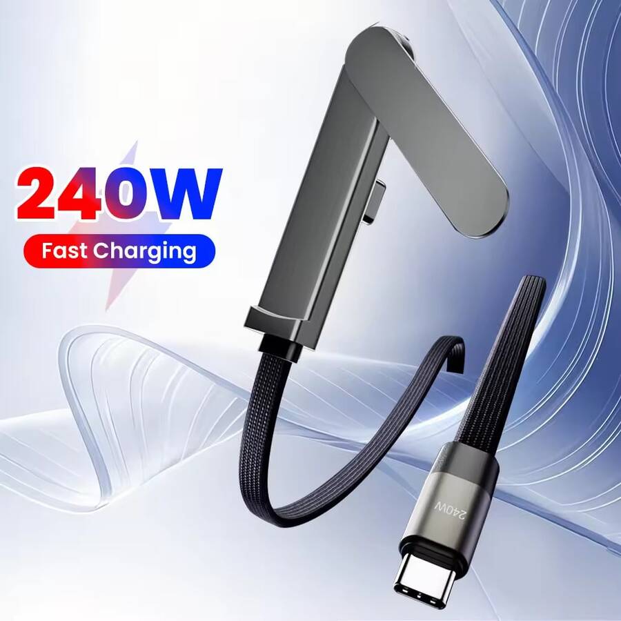 二合一 USB-C 转 Type-C 数据线，可折叠手机支架，支持 240W 快充，USB-C 数据线支架，适用于 17/16 - 黑色 - 查看 1