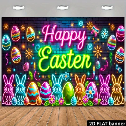Pancarta grande plana de 2D de conejo de Pascua y huevos de neón - Texto vibrante y feliz de Pascua, poliéster, ideal para celebración al aire libre y accesorios de fotografía de fiestas, decoración de conejo