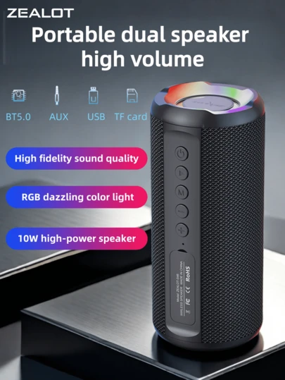  ZEALOT S46 10W Wireless Bluetooth Speaker, Portable Outdoor, Powerful Bass 3D Surround Sound, Up To 8 Hours Playtime, Compatible With Smartphones, Tablets, TVs, With SD Card, USB, AUX Ports, Supports Dual Pairing, Suitable For Car, Outdoor Activities, Camping, Beach, Party