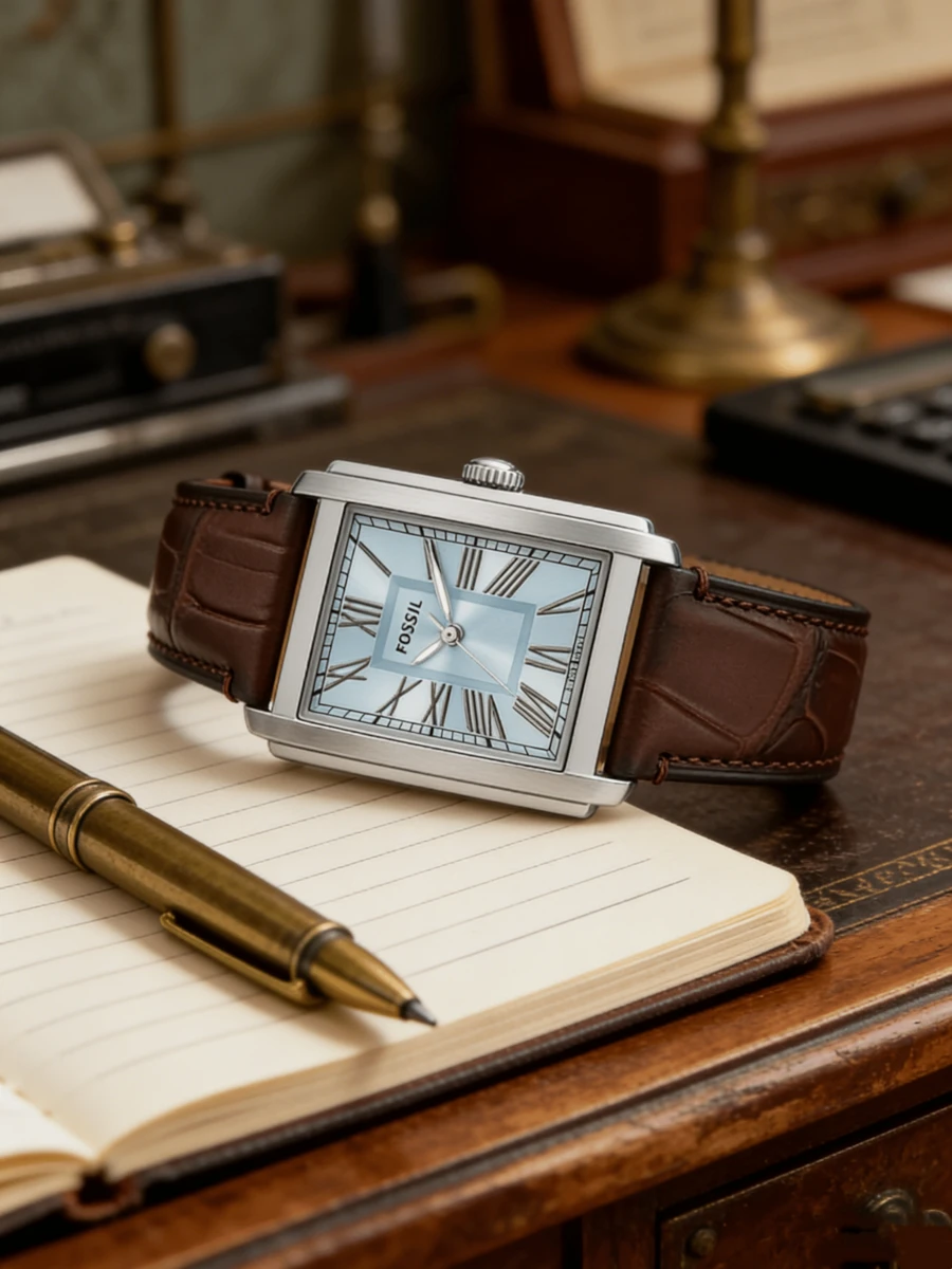 Fossil FS6110 Men's Rectangular Light Blue Dial Quartz Watch - Stainless Steel Case, Brown Leather Strap - Brown - View 1