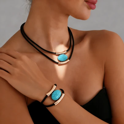 两件套波西米亚风复古夸张仿绿松石几何椭圆项链和手链套装，黑色亚克力吊坠，多层个性化简约奢华珠宝礼品