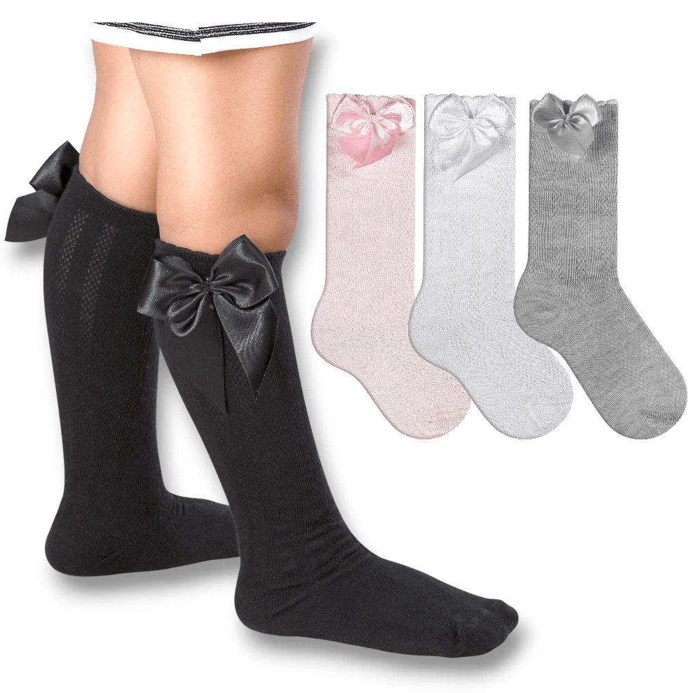 Set Of 4 Pairs Of Children's 3/4 Party Socks Sizes 16-33 With Satin Bow, Long Length, For Girls, Christenings, Weddings, Flower Girls, Social Events, Dances, Elegant, Schoolgirls - 白色,黑色,粉紅色和灰色 - 查看 1