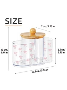 Pink Bow Pattern 3-In-1 Bamboo Lid Transparent Plastic Storage Box, Desktop Cosmetic Organizer With Double Round Holes, Transparent Dual-Compartment Makeup Organizer - Multicolor - View 7