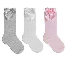 Set Of 3 Pairs Of Children's 3/4 Length Socks For Parties (Sizes 16-33) With Satin Bow, Long Length, Suitable For Girls, Baptisms, Weddings, Flower Girls, Social Events, Dances, And Elegant Schoolgirl Occasions. - 白色,粉紅色和灰色 - 查看 9