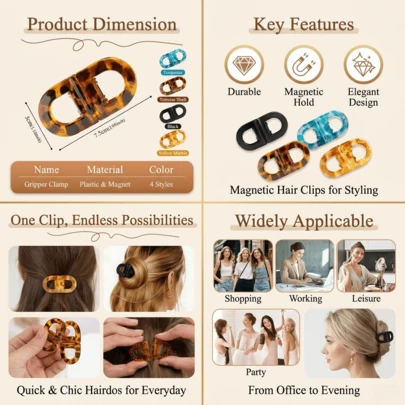 2个装女士磁性发夹，蝴蝶结装饰，方便日常发型，耐用无缝磁性发夹，适合女士海滩度假发型，节日礼物发饰