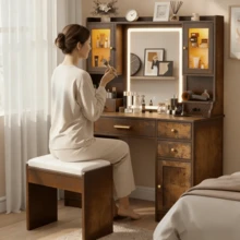 Tocador de Estilo Industrial con Espejo LED | Mueble de Maquillaje con Amplio Almacenamiento y Cajones | Espejo con Luz para Maquillaje | Ideal para Dormitorio | Mueble de Tocador Moderno Edición 2026 - Marrón - Ver 2