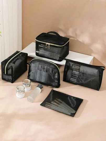 5件套黑色透气网眼化妆包，大容量网状收纳袋，透明旅行洗漱用品收纳包