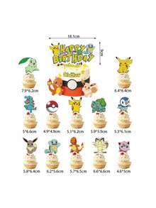 Đồ trang trí sinh nhật chủ đề Pokemon, bao gồm cờ nhiều màu sắc, phụ kiện trang trí bánh kem và đồ trang trí không gian tiệc. - A - Xem 4