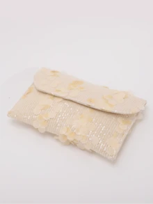 Túi xách cầm tay nữ màu be họa tiết hoa đính sequin 3D, túi đeo vai dự tiệc. - Vàng - Xem 7