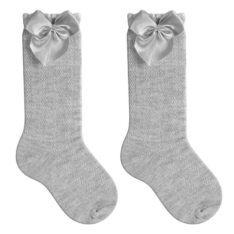 Set Of 2 Pairs Of Children's 3/4 Length Party Socks (Sizes 16-33) With Satin Bow, Long Length, For Girls, Baptisms, Weddings, Flower Girls, Social Events, Dances, Elegant Schoolgirl Styles, Gray. - 2雙灰色 - 查看 1