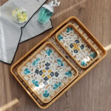 1pc Southeast Asian Handmade Rattan & Shell Square Tray, Breakfast, Afternoon Tea Decor Tray, Fruit Plate, Home Living Room Snack Storage Tea Tray - Multicolor - View 9