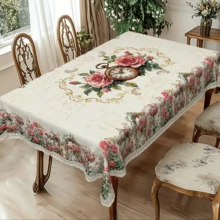 1pc Polyester Tablecloth With Flower And Clock Pattern, Durable And Washable, Suitable For Daily Home Use, Birthday Party, Themed Gathering, Outdoor Dining, Tea Party, Wedding, Restaurant Decor. Available In Multiple Sizes. - A - View 9