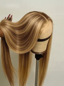 Dollface Perruque frontale en dentelle HD 13x4 ou 13x6, 76-91 cm (30-36 pouces), densité 180 %, mèches P4/27, effet lisse, cheveux humains brésiliens ombrés blond miel, idéale pour les fêtes, les voyages, les anniversaires, le cosplay, les remises de diplômes, les mariages, la rentrée scolaire et le quotidien. - S4/27 - Voir 3