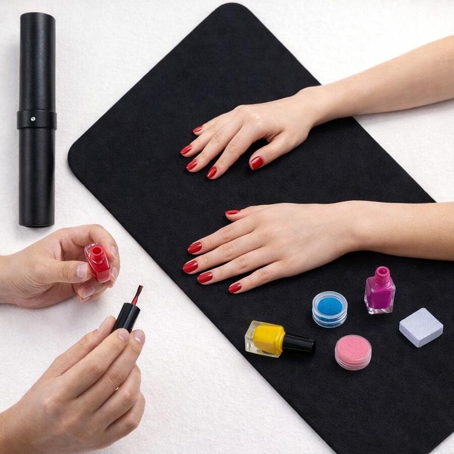 可折叠超细纤维PU皮革黑色美甲桌垫，适用于美甲沙龙和家庭使用 - 黑色 - 查看 1