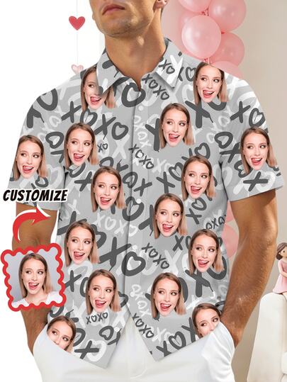 1pc Customizable Men's Shirt, Upload Personal Photos & Prints, "XOXO" Beach Party Date Casual Button-Down Shirt With Funny Face Design, Holiday Casual Style, Suitable For Daily, Vacation, Holiday Celebration, Men's Casual Loungewear, Couple Matching, Perfect Gift For Boyfriend, Girlfriend, Family