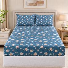400 Thread Count Micropercal Bedding Set With Hemstitching, Double, Queen, And Single Sizes, Printed, Extra Soft And Comfortable Touch. - Floral azul - Ver 2
