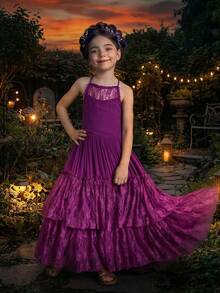 Tween Girls' Spaghetti Strap Holiday Dress With Hollow Back & Lace Details - Purple - View 3