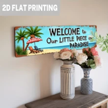 2D Flat, 1pc, Rustic Style "Welcome To Our Little Paradise" Iron Sign, Wall Decor, Suitable For Beach House, Summer Residence, Coastal Decor, Vacation Home, Porch Decoration, Decorative Plaque, 4X16 Inches - Multicolor - View 7