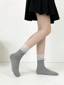 1/4 Đôi tất dài đến bắp chân kiểu Lolita ballerina mùa xuân/hè, phối ren và nơ, ngọt ngào, đa năng. - Nhiều màu - Xem 8